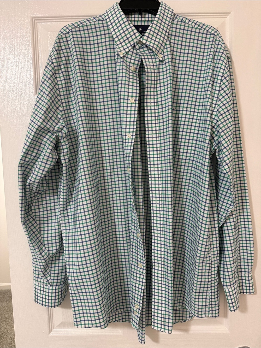 Stafford Travel Wrinkle Free Oxford Button-Down Shirt with Green and Blue Check